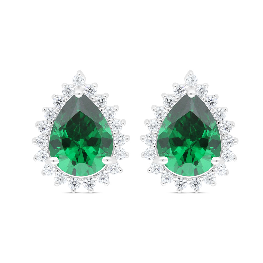 Sterling Silver 925 Earring Rhodium Plated Embedded With Emerald Zircon And White Zircon