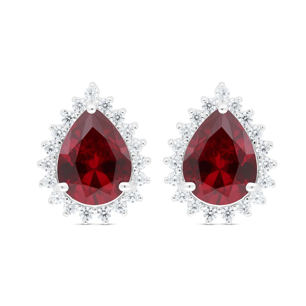 Sterling Silver 925 Earring Rhodium Plated Embedded With Ruby Corundum And White Zircon