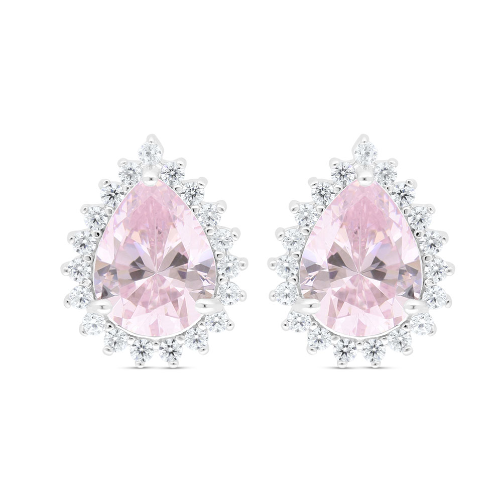 Sterling Silver 925 Earring Rhodium Plated Embedded With Pink Zircon And White Zircon