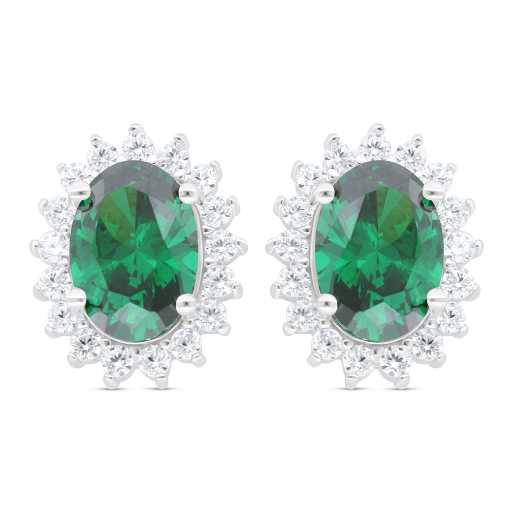 Sterling Silver 925 Earring Rhodium Plated Embedded With Emerald Zircon And White Zircon