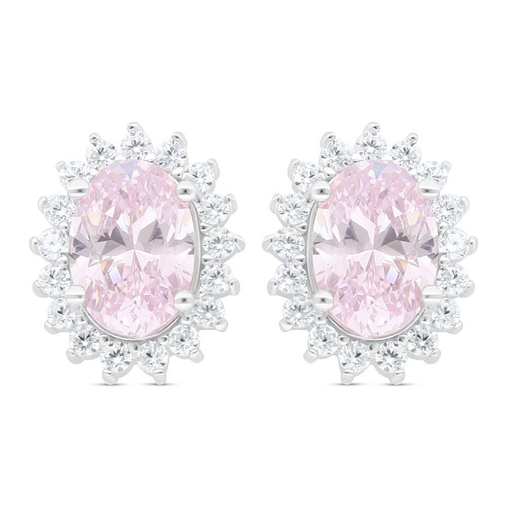 Sterling Silver 925 Earring Rhodium Plated Embedded With Pink Zircon And White Zircon