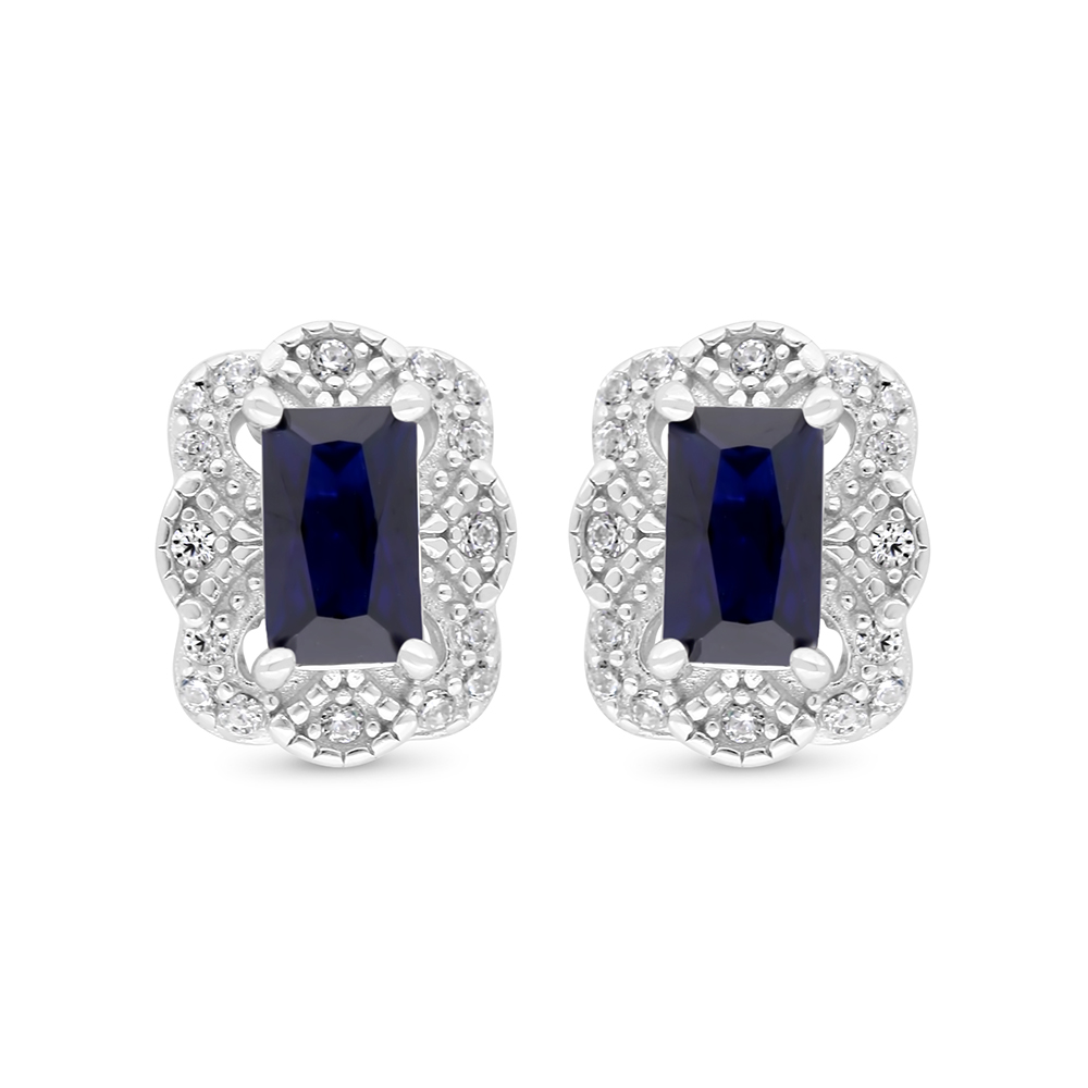 Sterling Silver 925 Earring Rhodium Plated Embedded With Sapphire Corundum And White Zircon