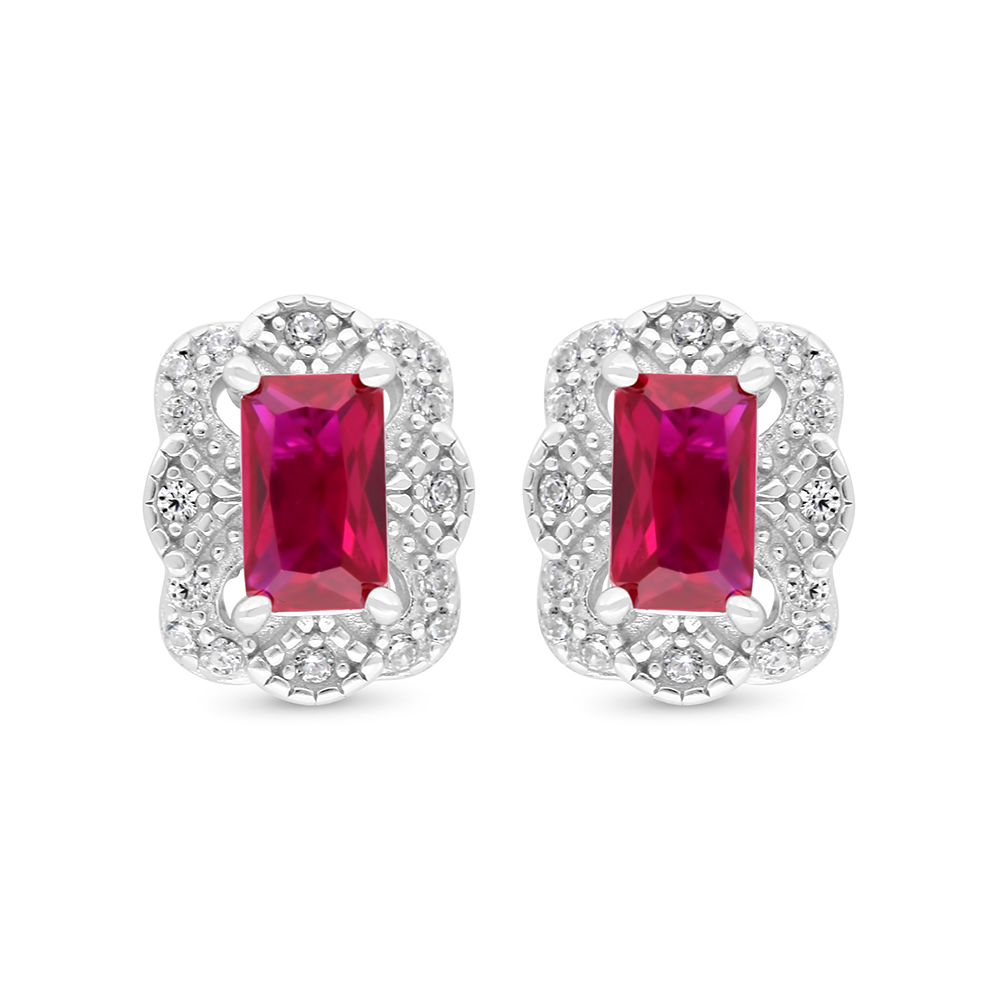 Sterling Silver 925 Earring Rhodium Plated Embedded With Ruby Corundum And White Zircon