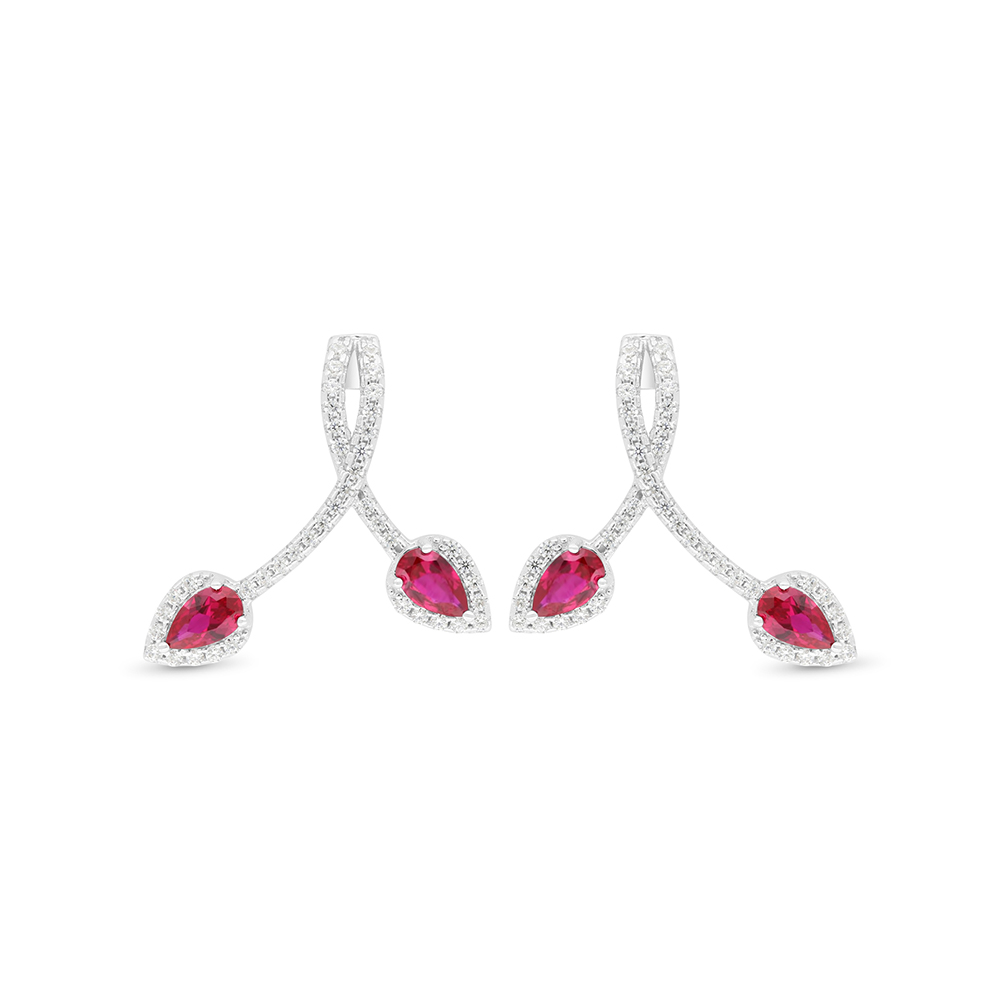 Sterling Silver 925 Earring Rhodium Plated Embedded With Ruby Corundum And White Zircon