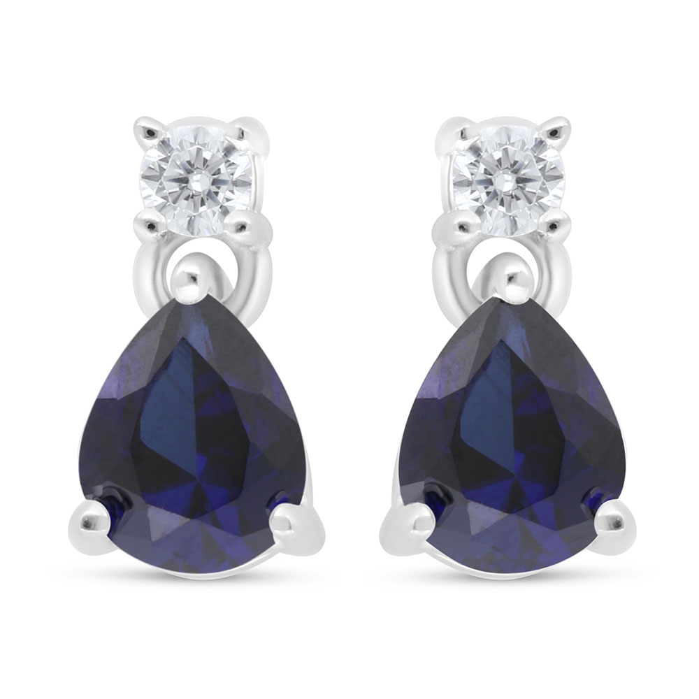 Sterling Silver 925 Earring Rhodium Plated Embedded With Sapphire Corundum And White Zircon