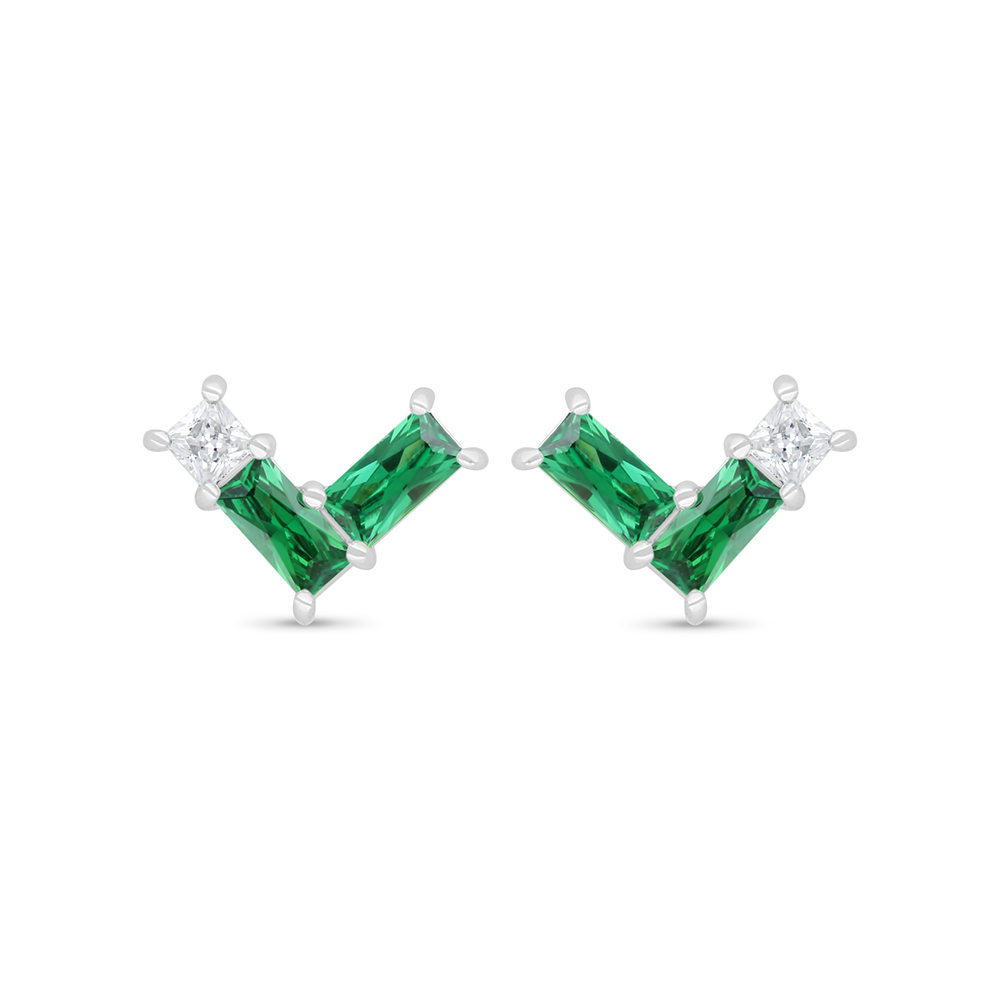 Sterling Silver 925 Earring Rhodium Plated Embedded With Emerald Zircon And White Zircon