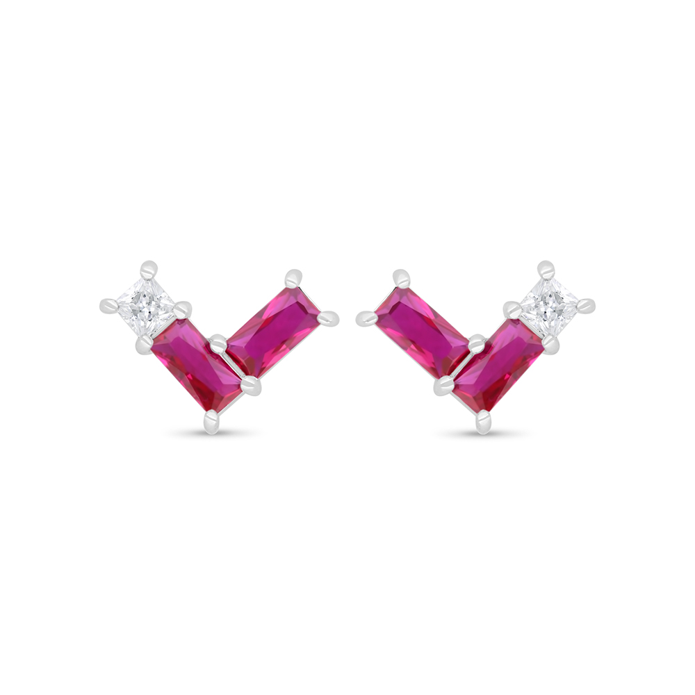 Sterling Silver 925 Earring Rhodium Plated Embedded With Ruby Corundum And White Zircon