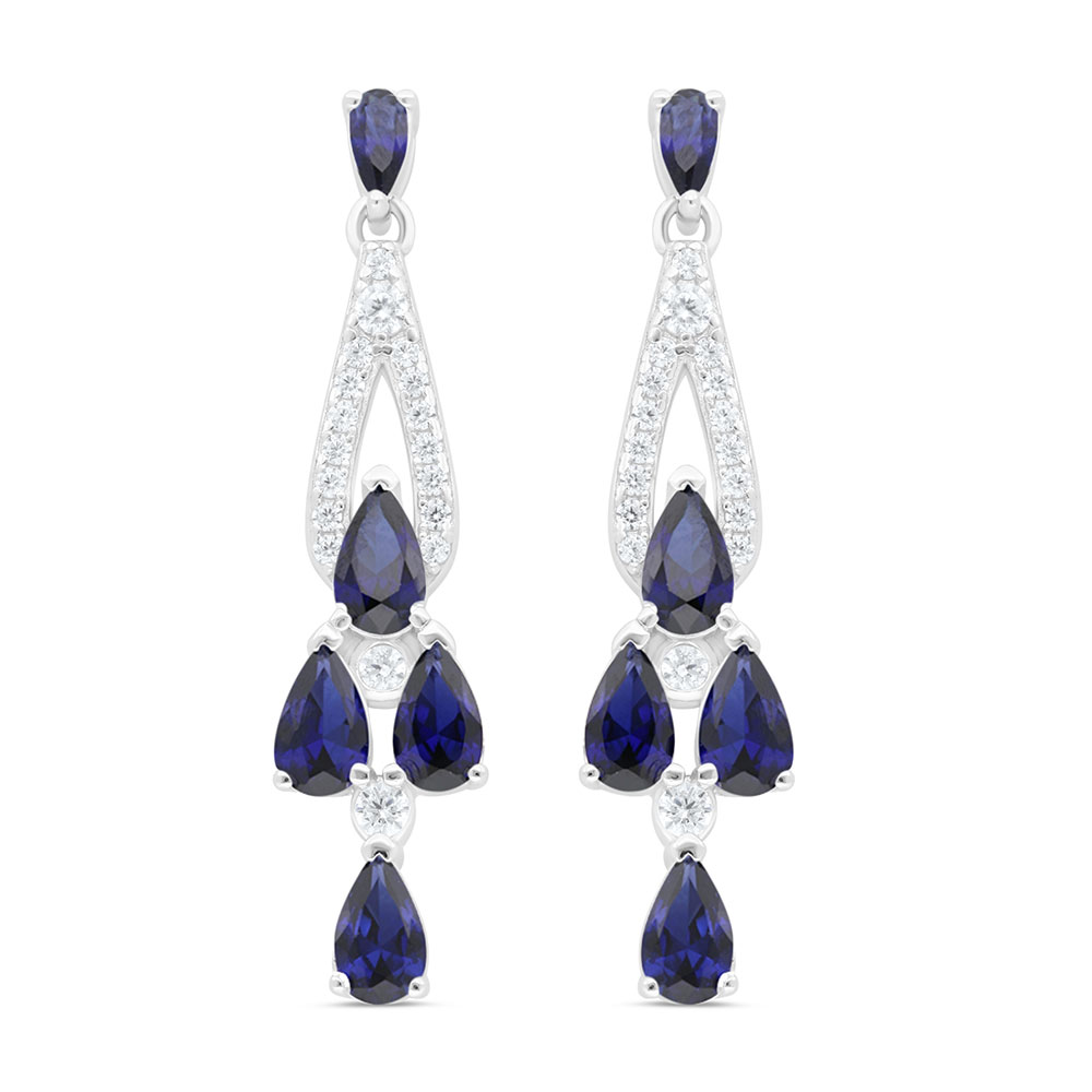 Sterling Silver 925 Earring Rhodium Plated Embedded With Sapphire Corundum And White Zircon