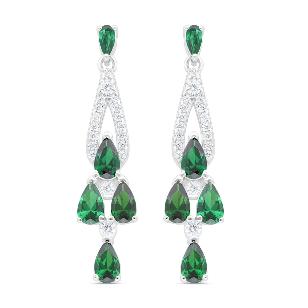 Sterling Silver 925 Earring Rhodium Plated Embedded With Emerald Zircon And White Zircon