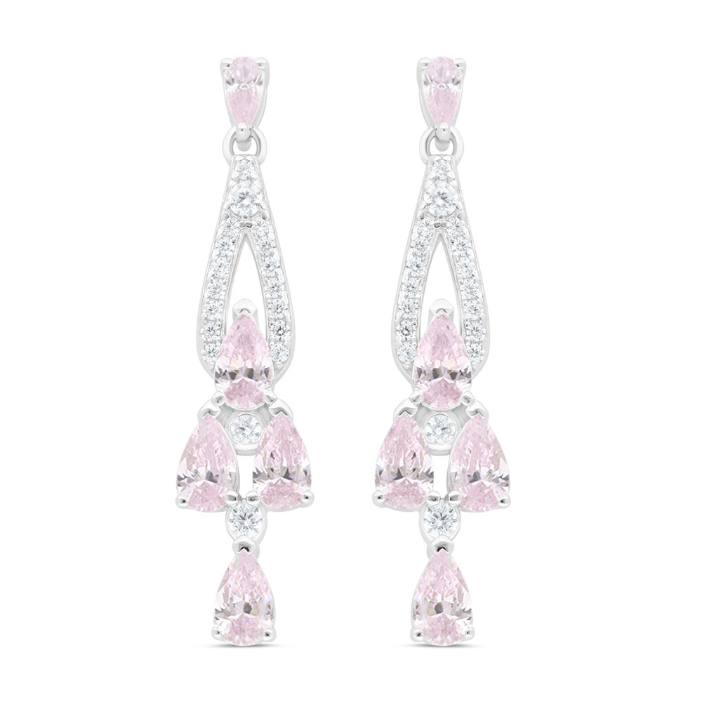 Sterling Silver 925 Earring Rhodium Plated Embedded With Pink Zircon And White Zircon