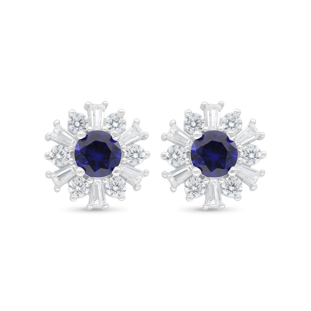 Sterling Silver 925 Earring Rhodium Plated Embedded With Sapphire Corundum And White Zircon