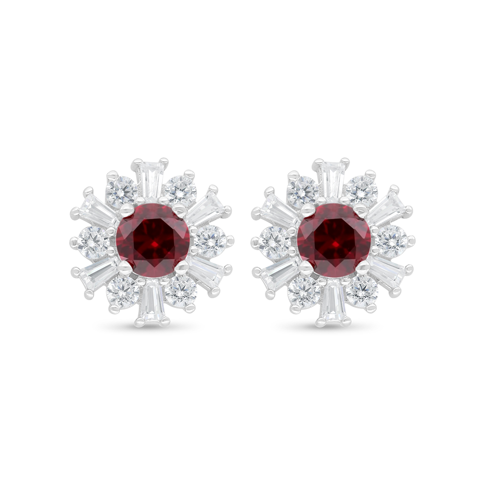 Sterling Silver 925 Earring Rhodium Plated Embedded With Ruby Corundum And White Zircon