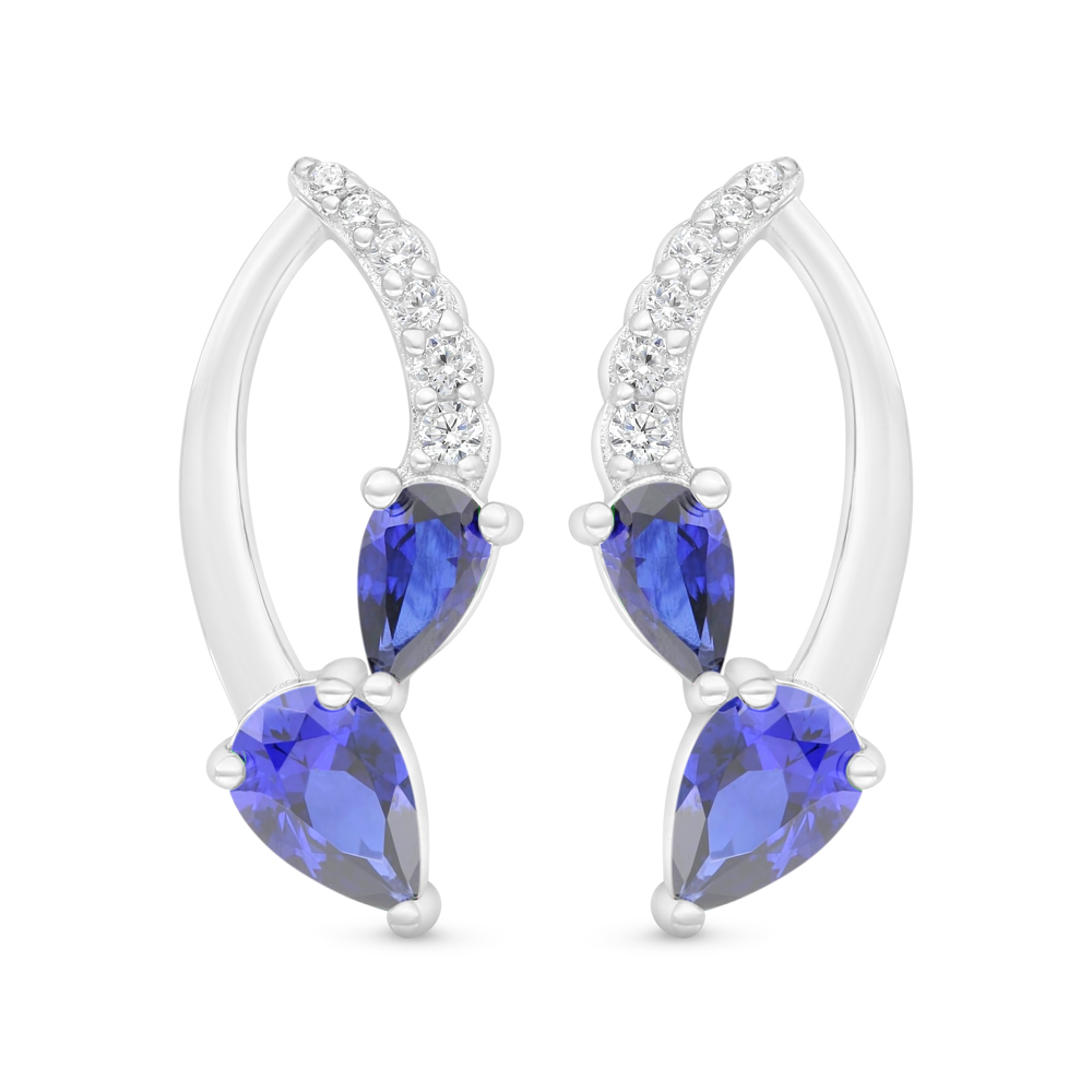 Sterling Silver 925 Earring Rhodium Plated Embedded With Sapphire Corundum And White Zircon