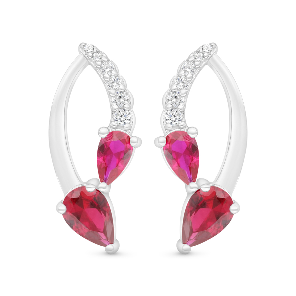 Sterling Silver 925 Earring Rhodium Plated Embedded With Ruby Corundum And White Zircon