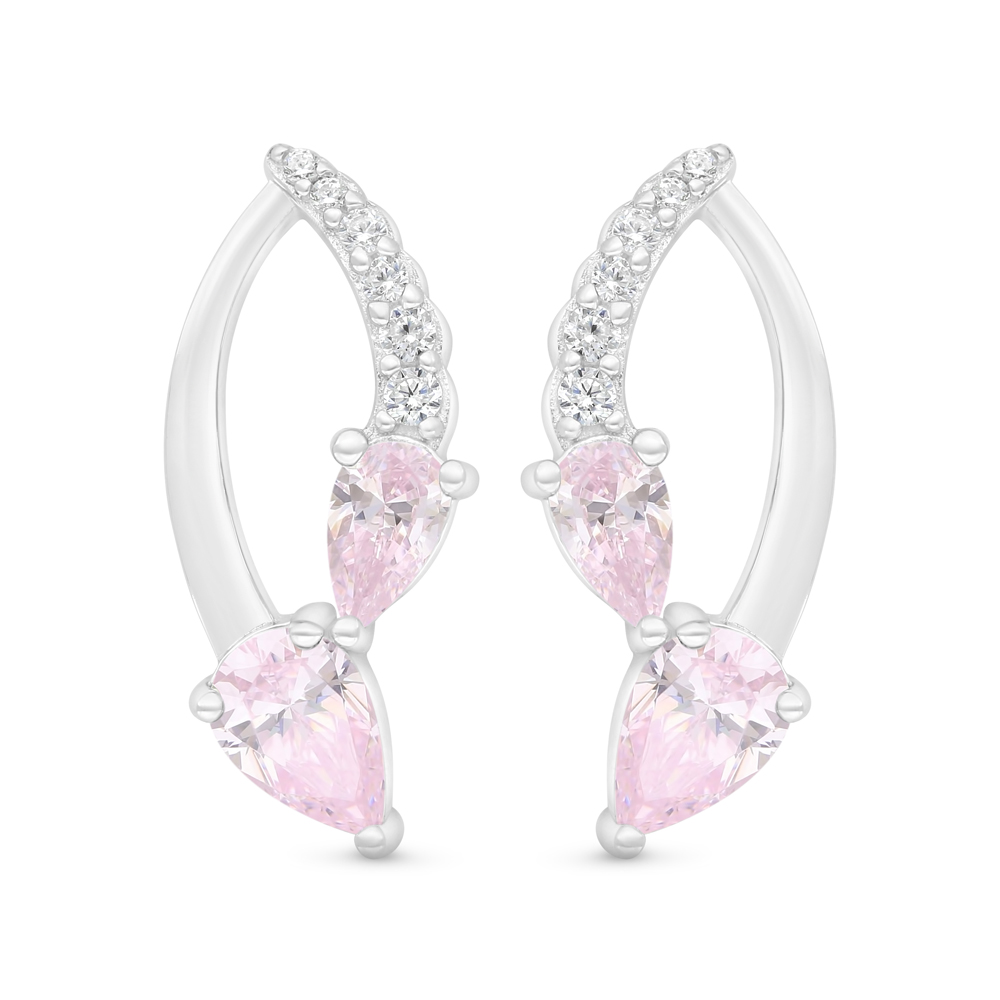 Sterling Silver 925 Earring Rhodium Plated Embedded With Pink Zircon And White Zircon