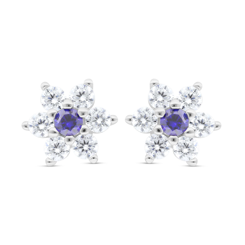 Sterling Silver 925 Earring Rhodium Plated Embedded With Sapphire Corundum And White Zircon