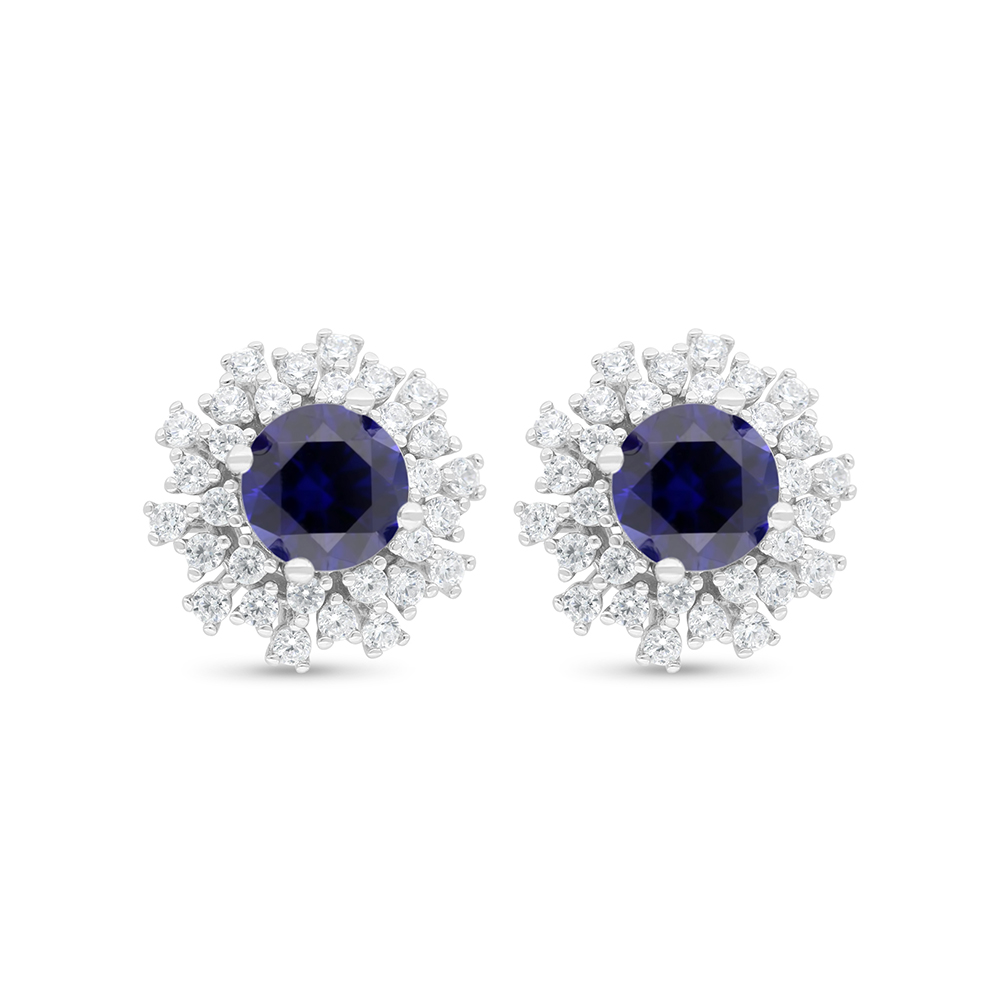 Sterling Silver 925 Earring Rhodium Plated Embedded With Sapphire Corundum And White Zircon