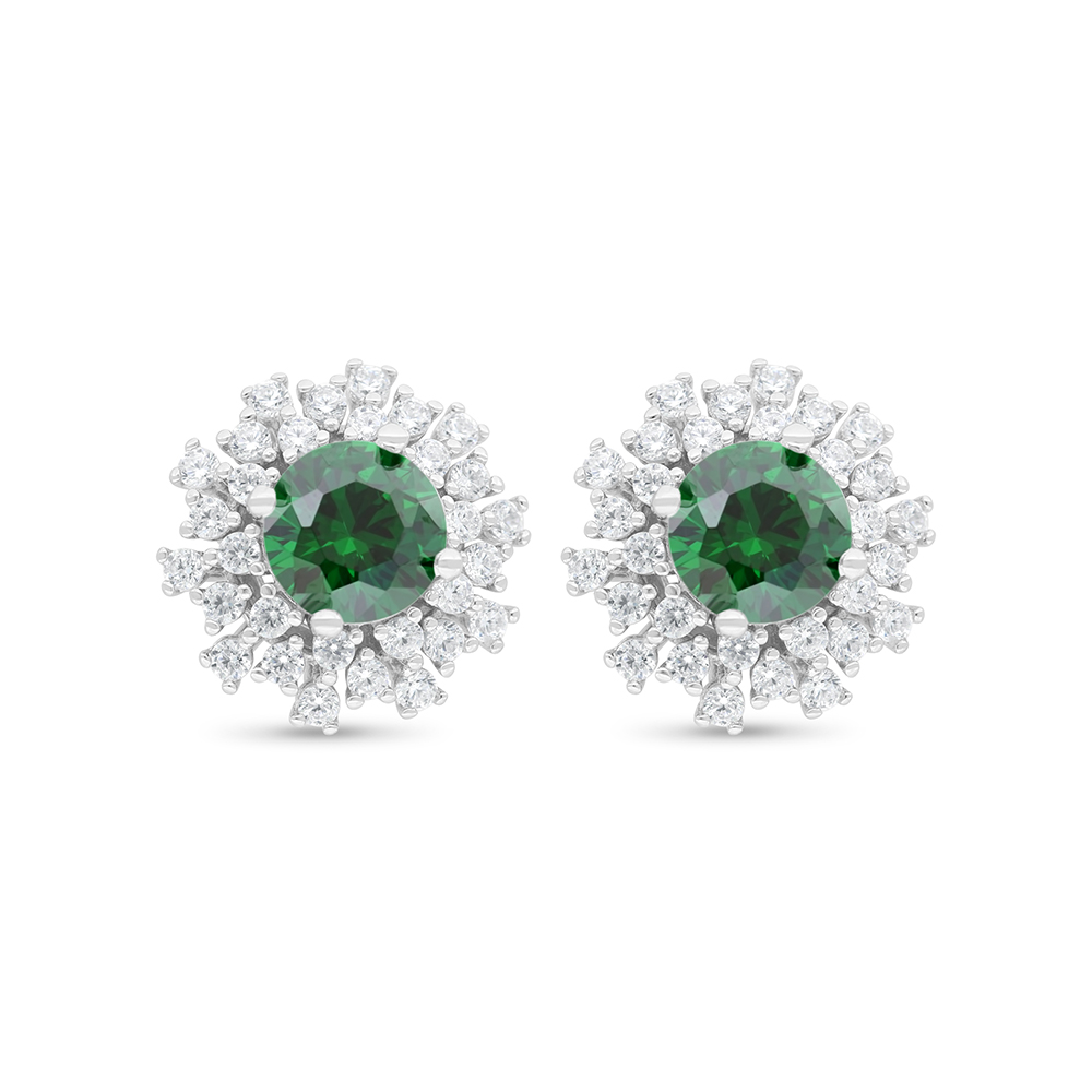 Sterling Silver 925 Earring Rhodium Plated Embedded With Emerald Zircon And White Zircon