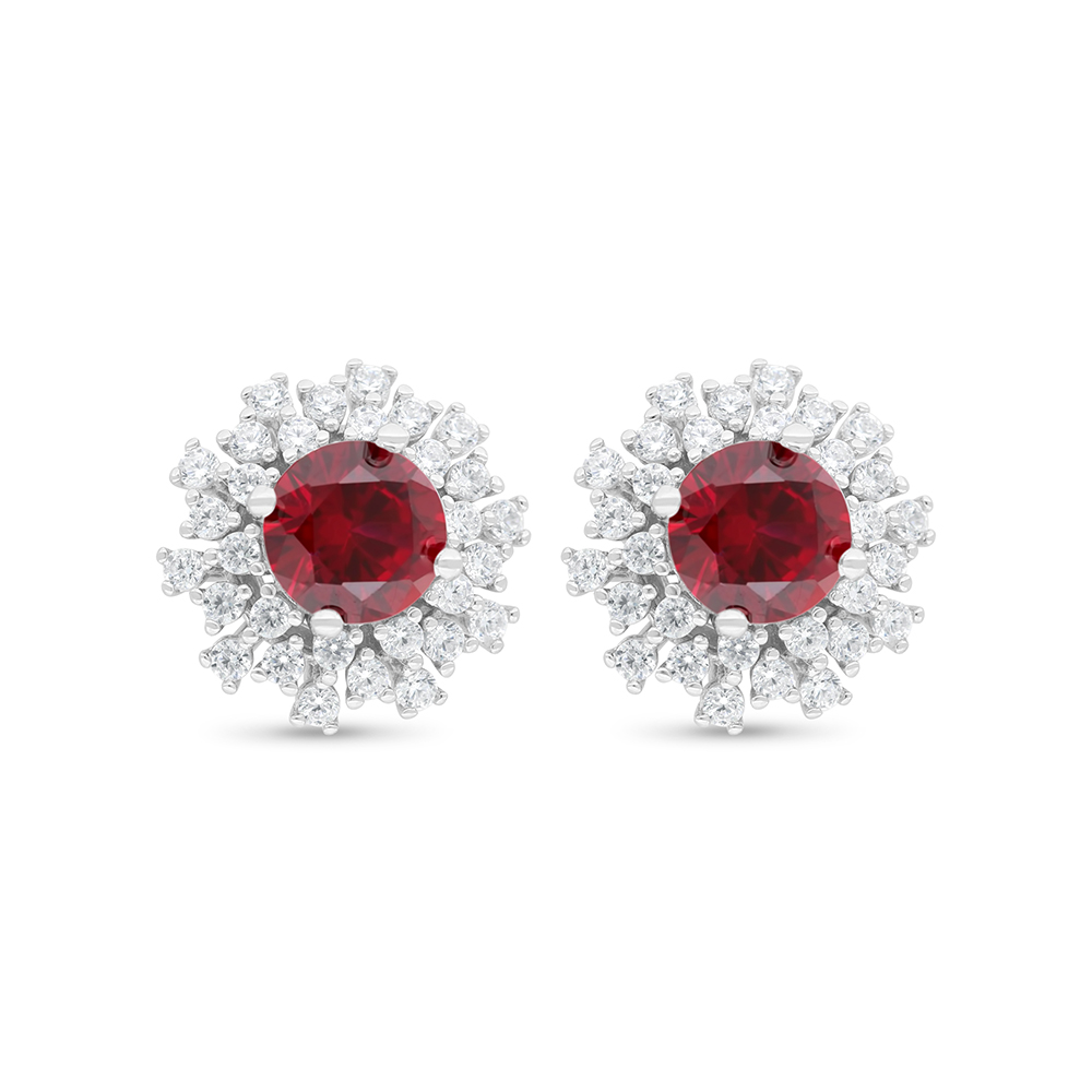 Sterling Silver 925 Earring Rhodium Plated Embedded With Ruby Corundum And White Zircon