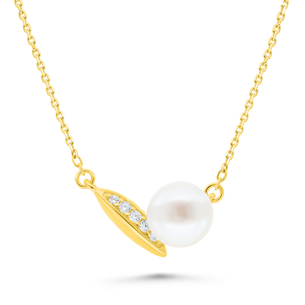 Sterling Silver 925 Necklace Golden Plated Embedded With White Shell Pearl And White Zircon