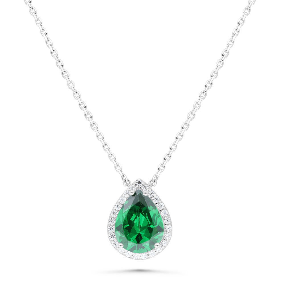 Sterling Silver 925 Necklace Rhodium Plated Embedded With Emerald Zircon And White Zircon