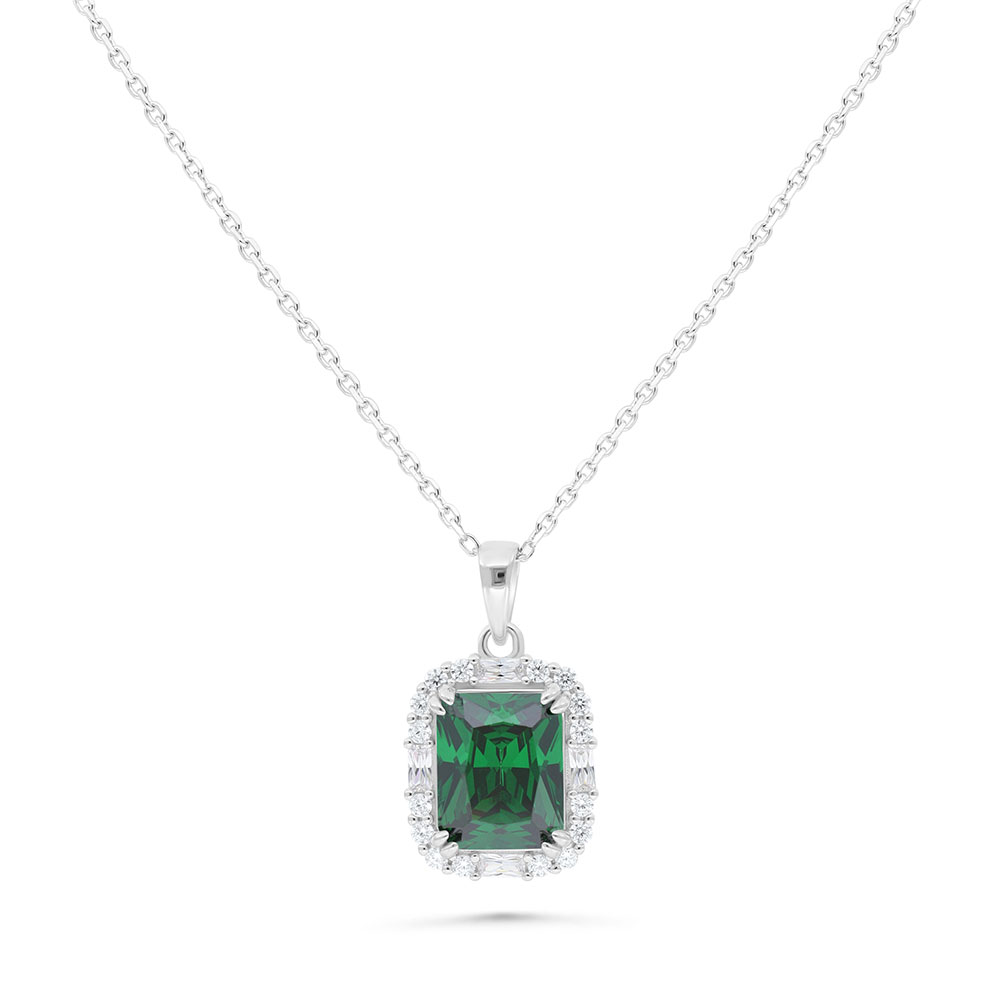 Sterling Silver 925 Necklace Rhodium Plated Embedded With Emerald Zircon And White Zircon