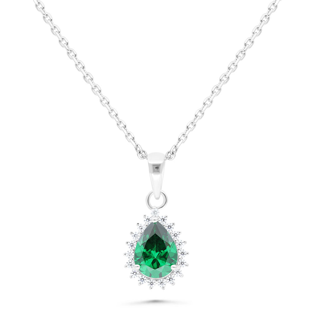 Sterling Silver 925 Necklace Rhodium Plated Embedded With Emerald Zircon And White Zircon