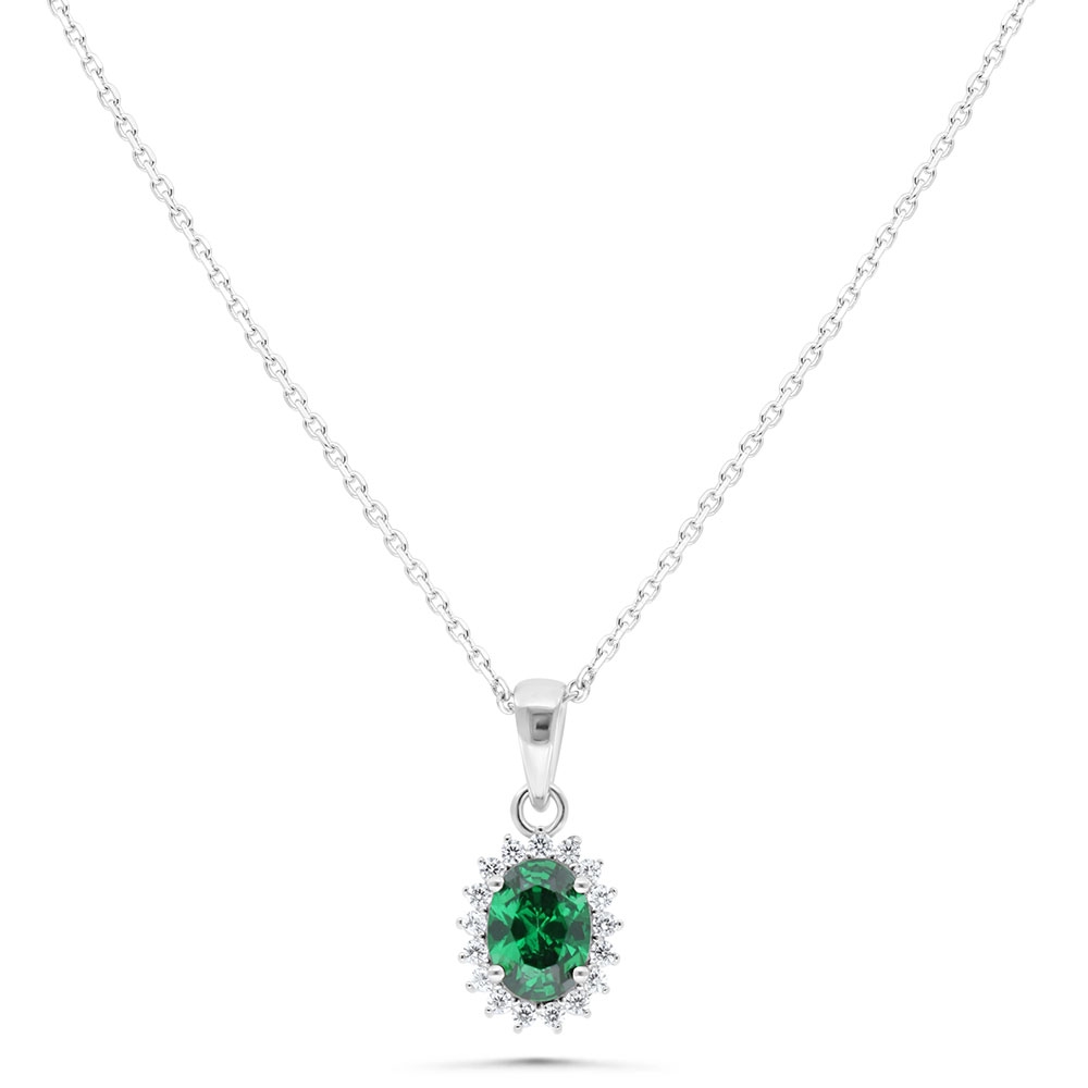 Sterling Silver 925 Necklace Rhodium Plated Embedded With Emerald Zircon And White Zircon