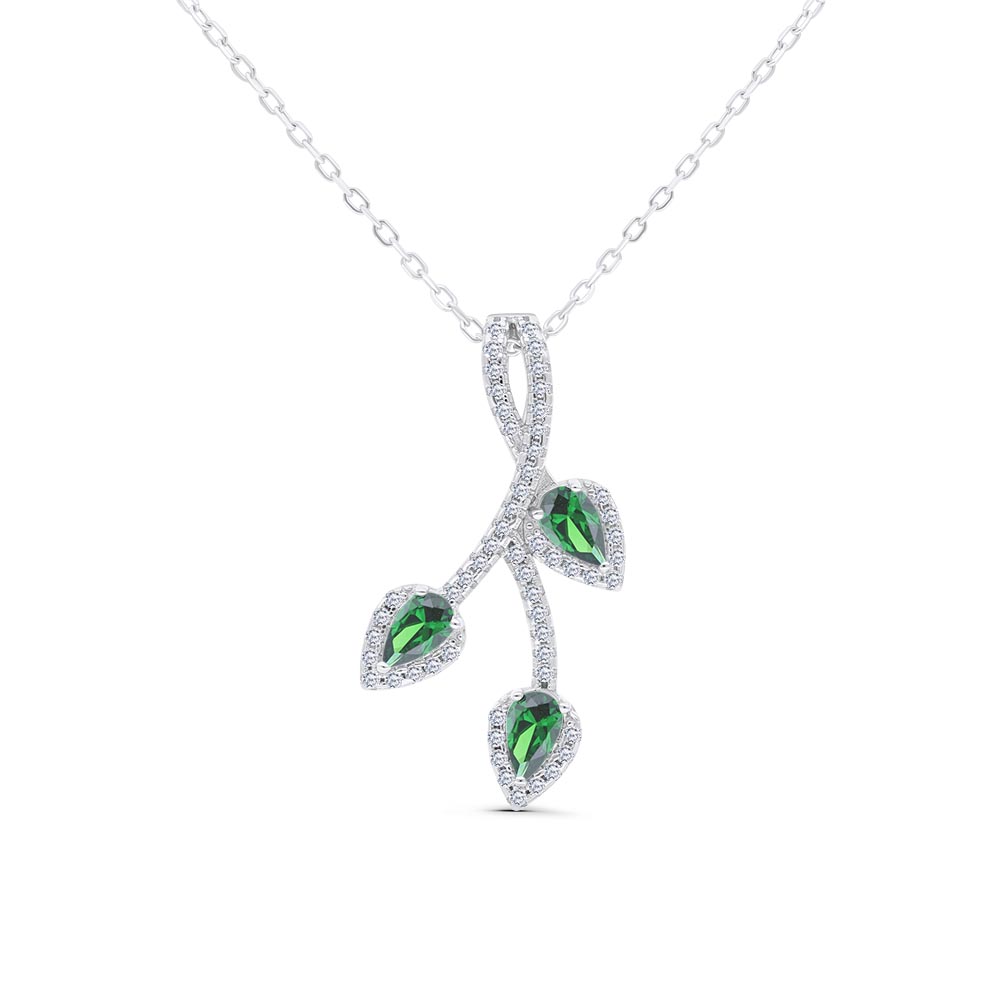 Sterling Silver 925 Necklace Rhodium Plated Embedded With Emerald Zircon And White Zircon