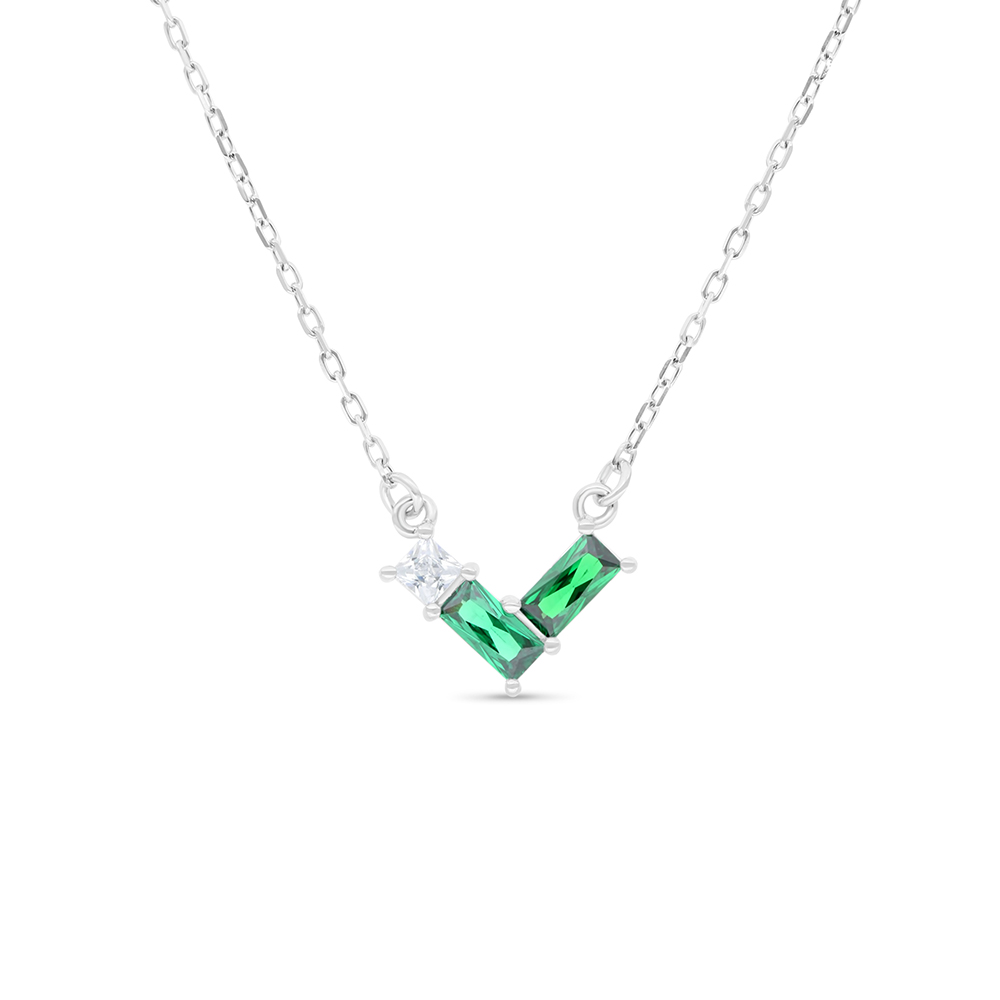 Sterling Silver 925 Necklace Rhodium Plated Embedded With Emerald Zircon And White Zircon