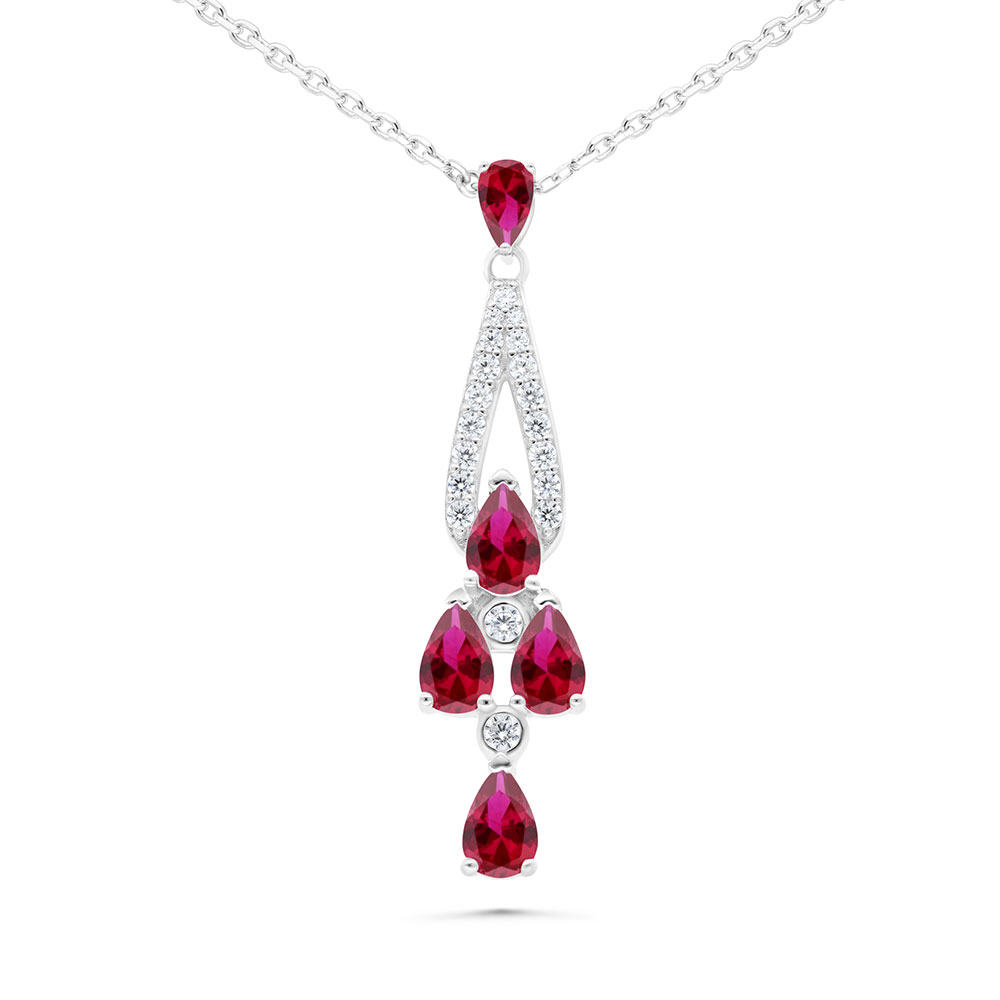 Sterling Silver 925 Necklace Rhodium Plated Embedded With Ruby Corundum And White Zircon