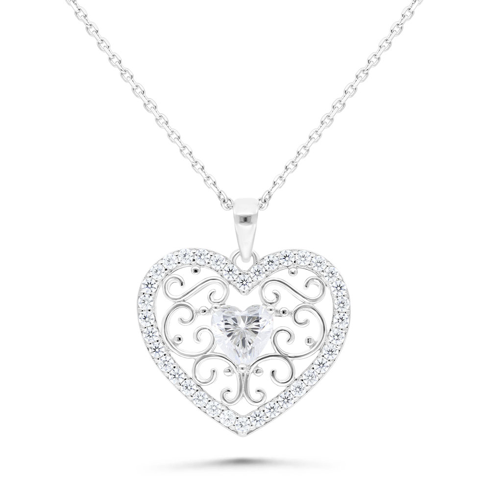 Sterling Silver 925 Necklace Rhodium Plated Embedded With White Zircon