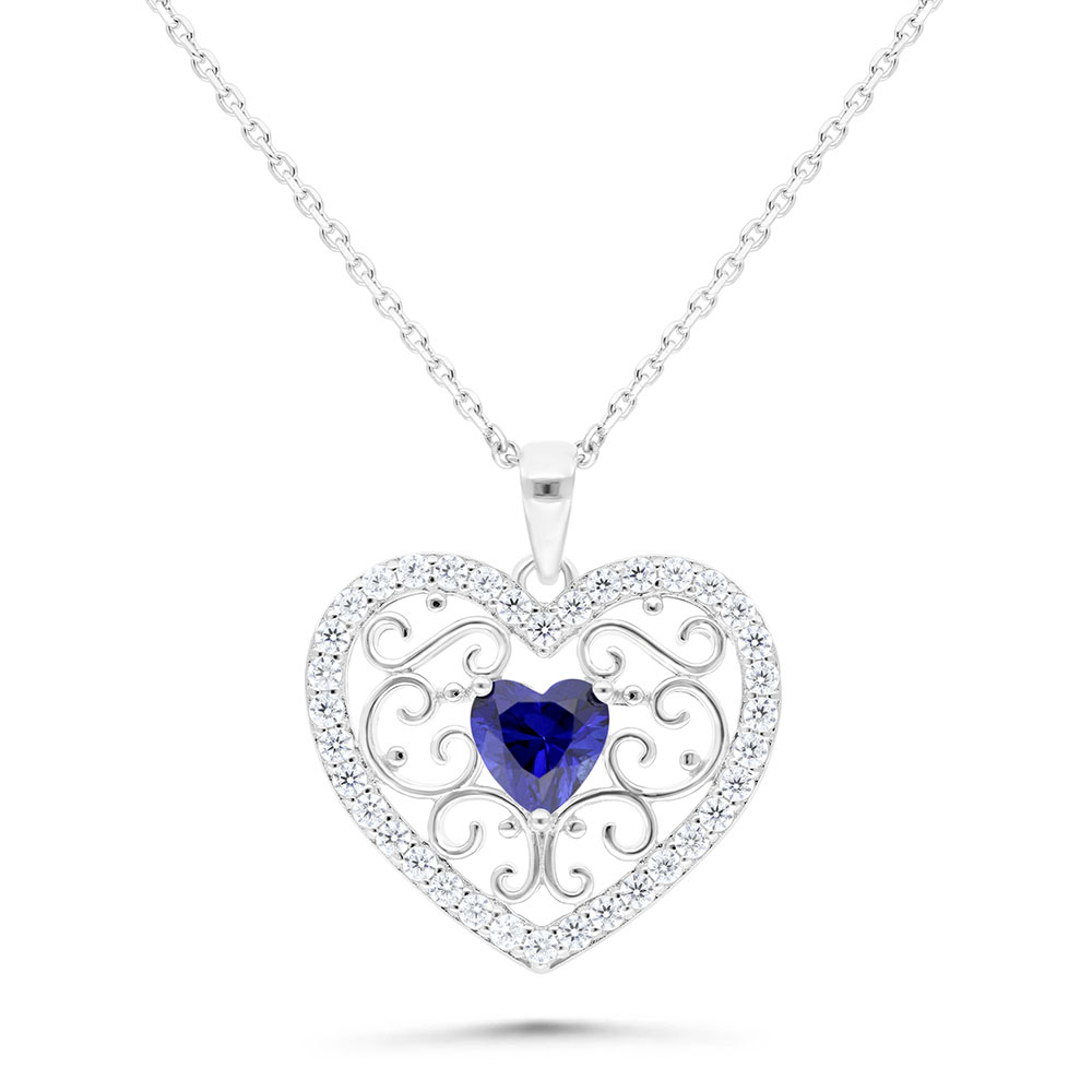 Sterling Silver 925 Necklace Rhodium Plated Embedded With Sapphire Corundum And White Zircon