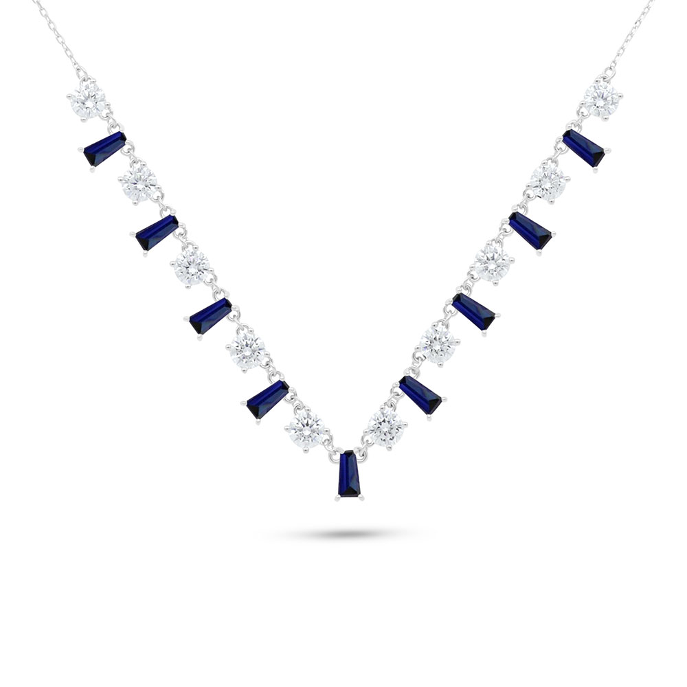 Sterling Silver 925 Necklace Rhodium Plated Embedded With Sapphire Corundum And White Zircon