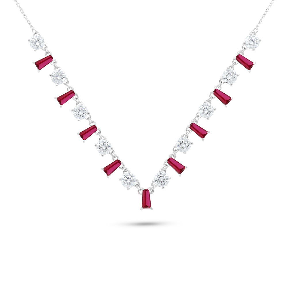 Sterling Silver 925 Necklace Rhodium Plated Embedded With Ruby Corundum And White Zircon