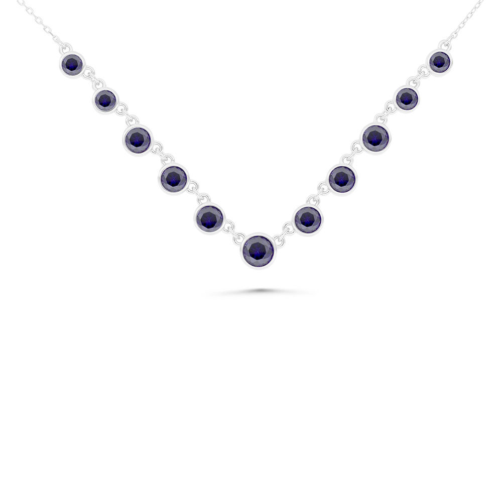 Sterling Silver 925 Necklace Rhodium Plated Embedded With Sapphire Corundum And White Zircon