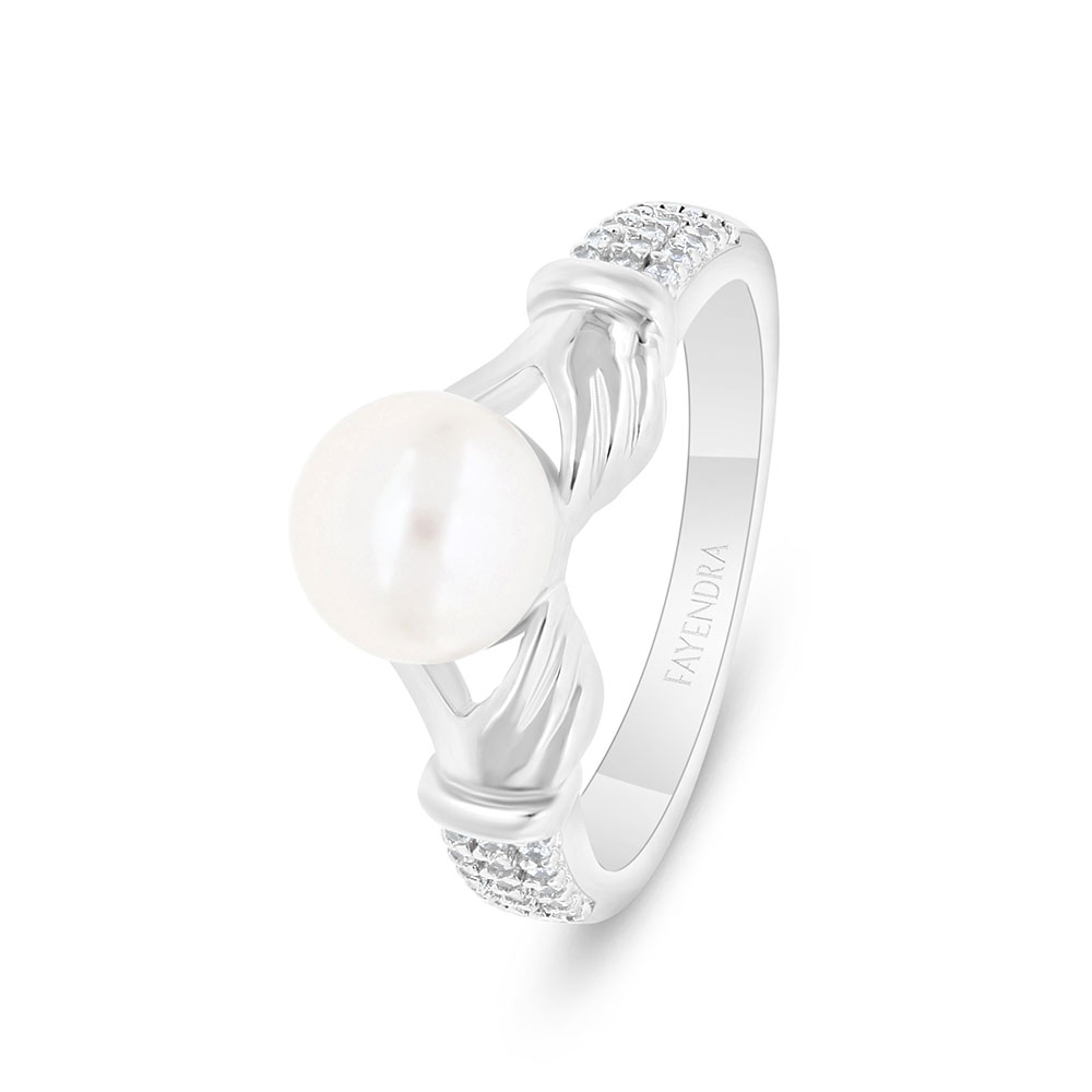 Sterling Silver 925 Ring Rhodium Plated Embedded With White Shell Pearl And White Zircon