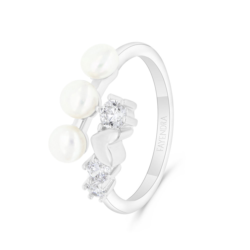 Sterling Silver 925 Ring Rhodium Plated Embedded With White Shell Pearl And White Zircon