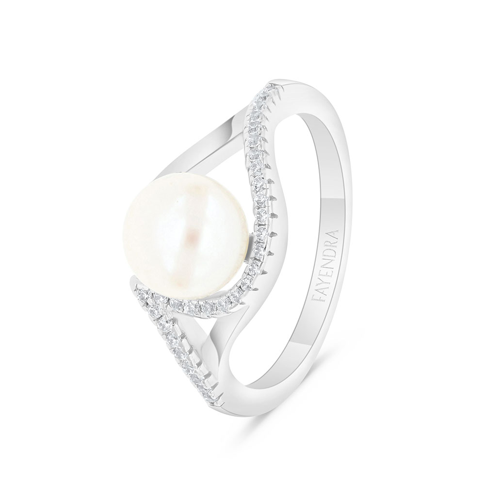 Sterling Silver 925 Ring Rhodium Plated Embedded With White Shell Pearl And White Zircon