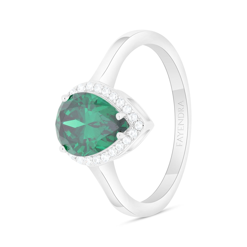 Sterling Silver 925 Ring Rhodium Plated Embedded With Emerald Zircon And White Zircon