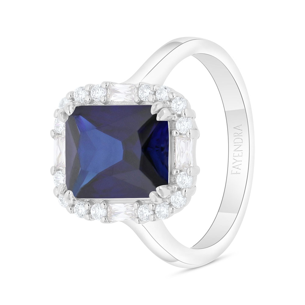 Sterling Silver 925 Ring Rhodium Plated Embedded With Sapphire Corundum And White Zircon