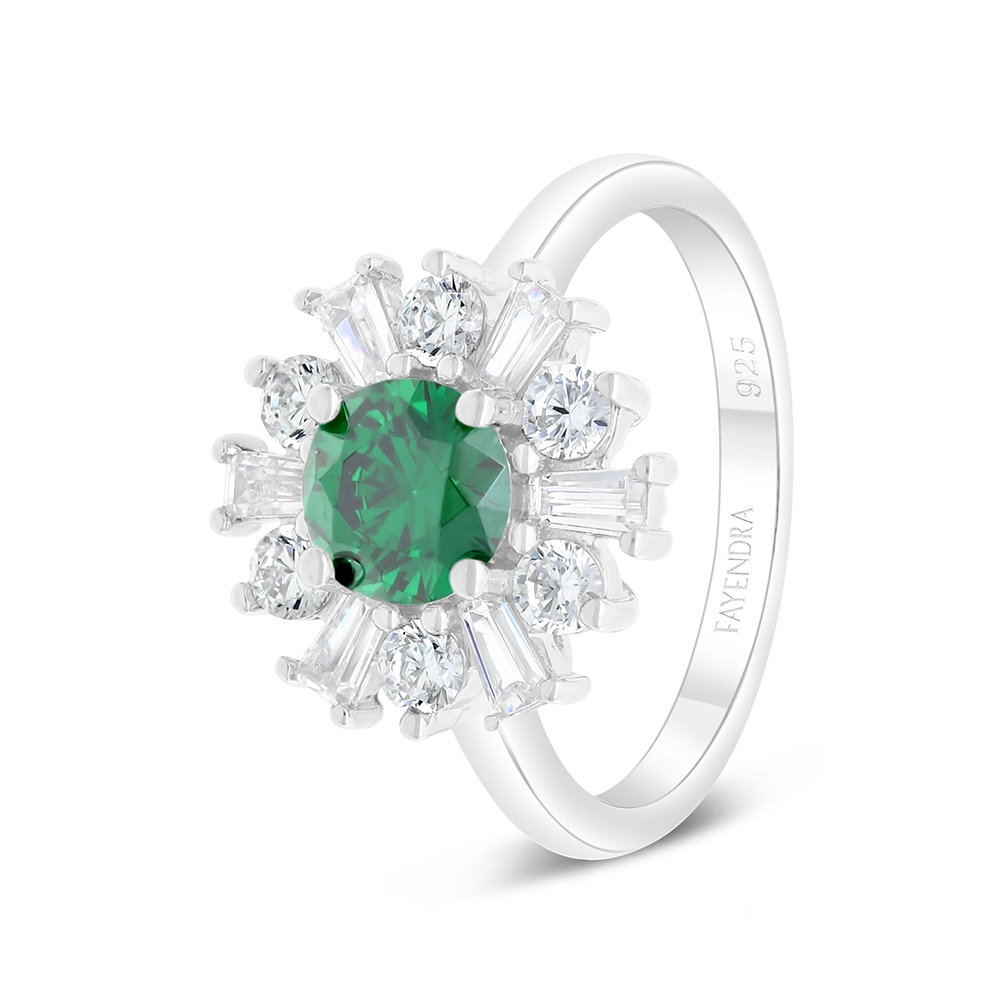 Sterling Silver 925 Ring Rhodium Plated Embedded With Emerald Zircon And White Zircon