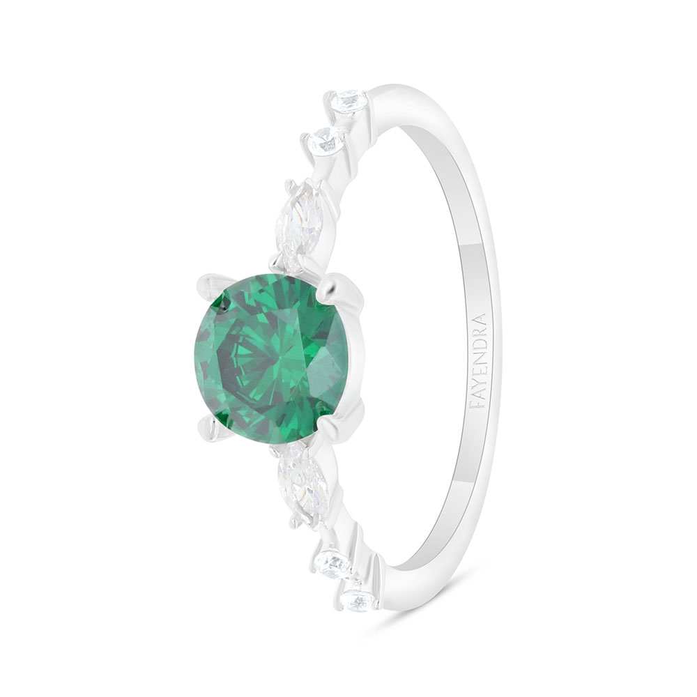 Sterling Silver 925 Ring Rhodium Plated Embedded With Emerald Zircon And White Zircon