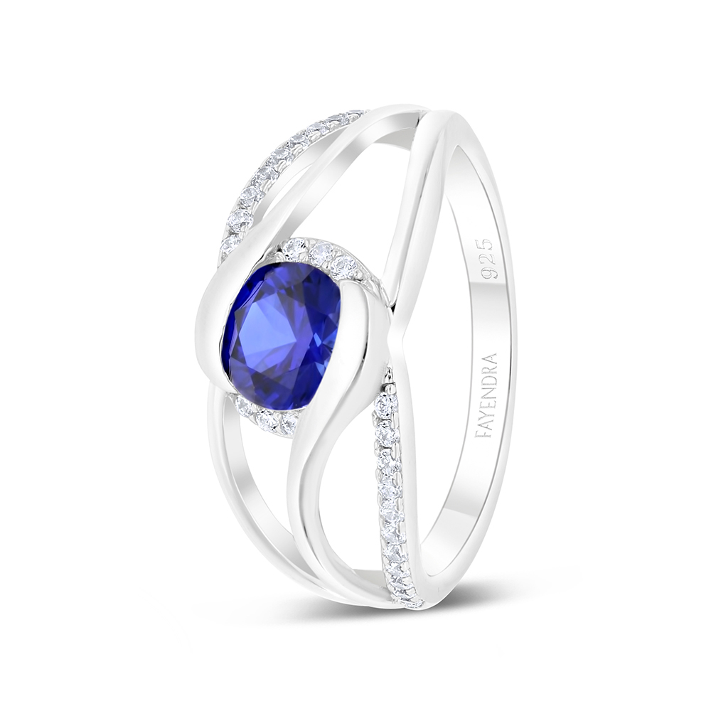 Sterling Silver 925 Ring Rhodium Plated Embedded With Sapphire Corundum And White Zircon