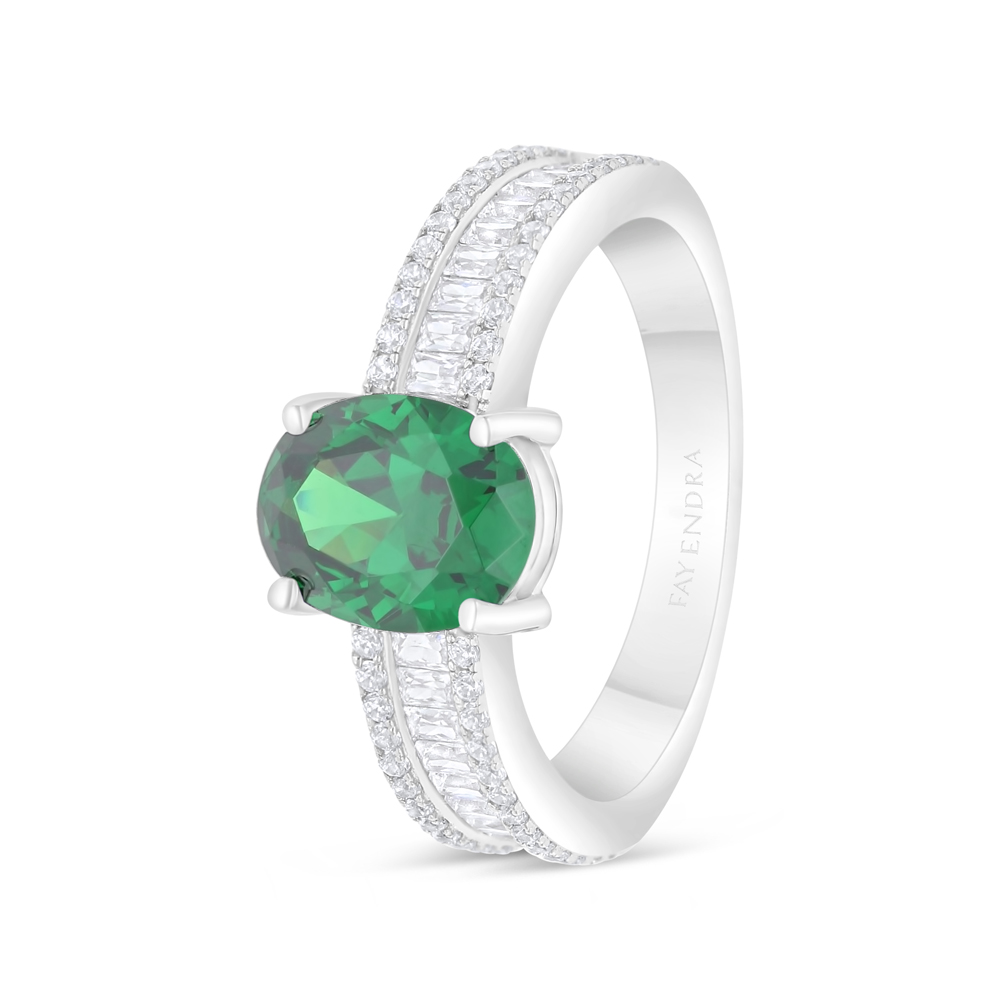 Sterling Silver 925 Ring Rhodium Plated Embedded With Emerald Zircon And White Zircon