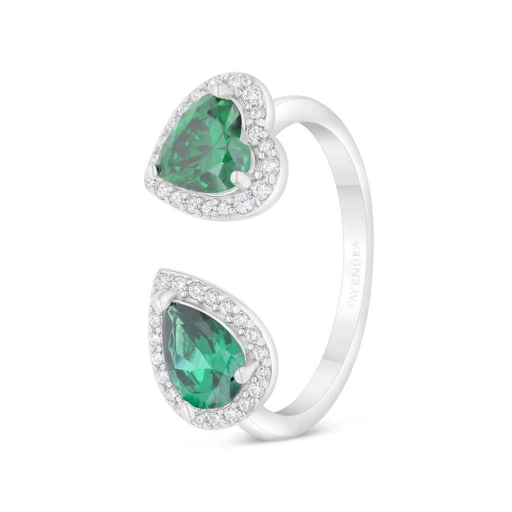 Sterling Silver 925 Ring Rhodium Plated Embedded With Emerald Zircon And White Zircon