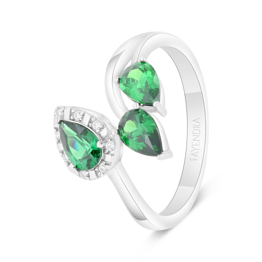 Sterling Silver 925 Ring Rhodium Plated Embedded With Emerald Zircon And White Zircon