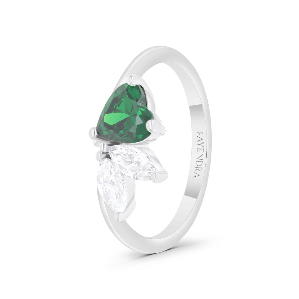 Sterling Silver 925 Ring Rhodium Plated Embedded With Emerald Zircon And White Zircon