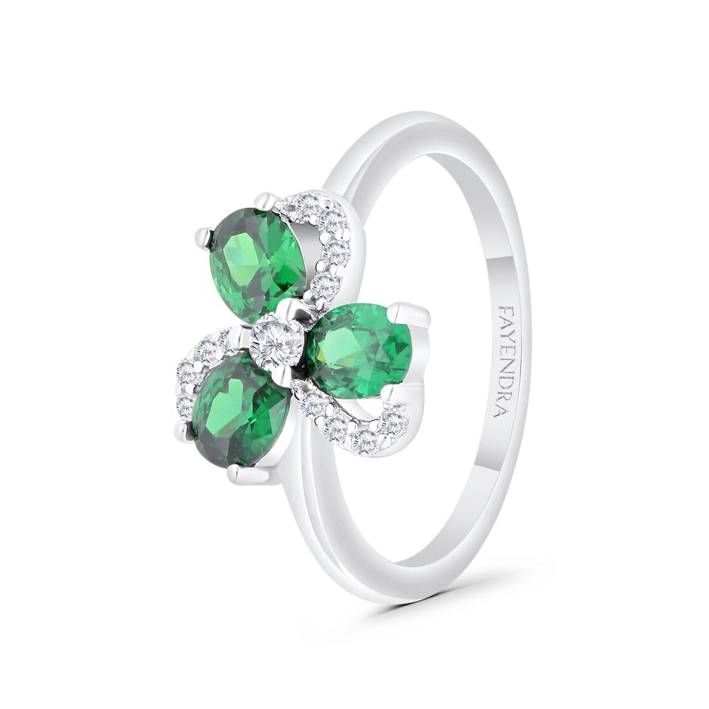 Sterling Silver 925 Ring Rhodium Plated Embedded With Emerald Zircon And White Zircon