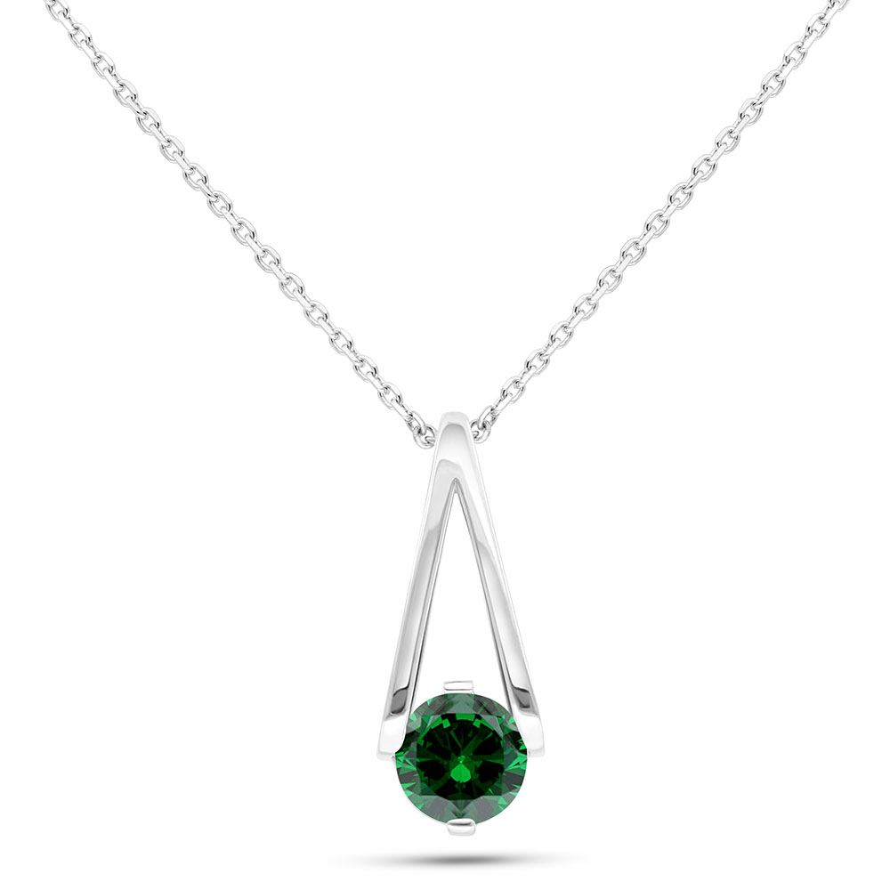 Sterling Silver 925 Necklace Rhodium Plated Embedded With Emerald Zircon 